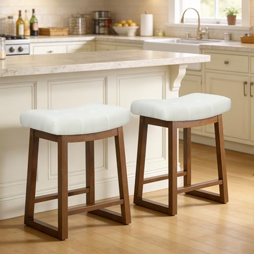 Image of Bar Stools Set of 2, Backless Counter Height Bar Stools, 24 Inch Modern Saddle Bar Stools with Walnut Legs & Upholstered Fabric Seat, Wooden Counter Stools for Kitchen Island, Cream White