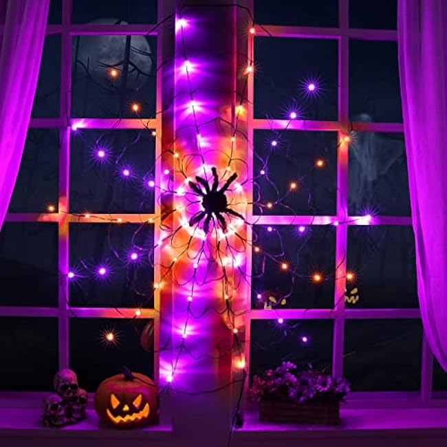 Lomotech Spider Web Lights with Black Spider, 4.26FT Diameter 84 LED Orange Purple Web Lights with 8 Modes, Waterproof with Timer Plugin for Halloween Decorations