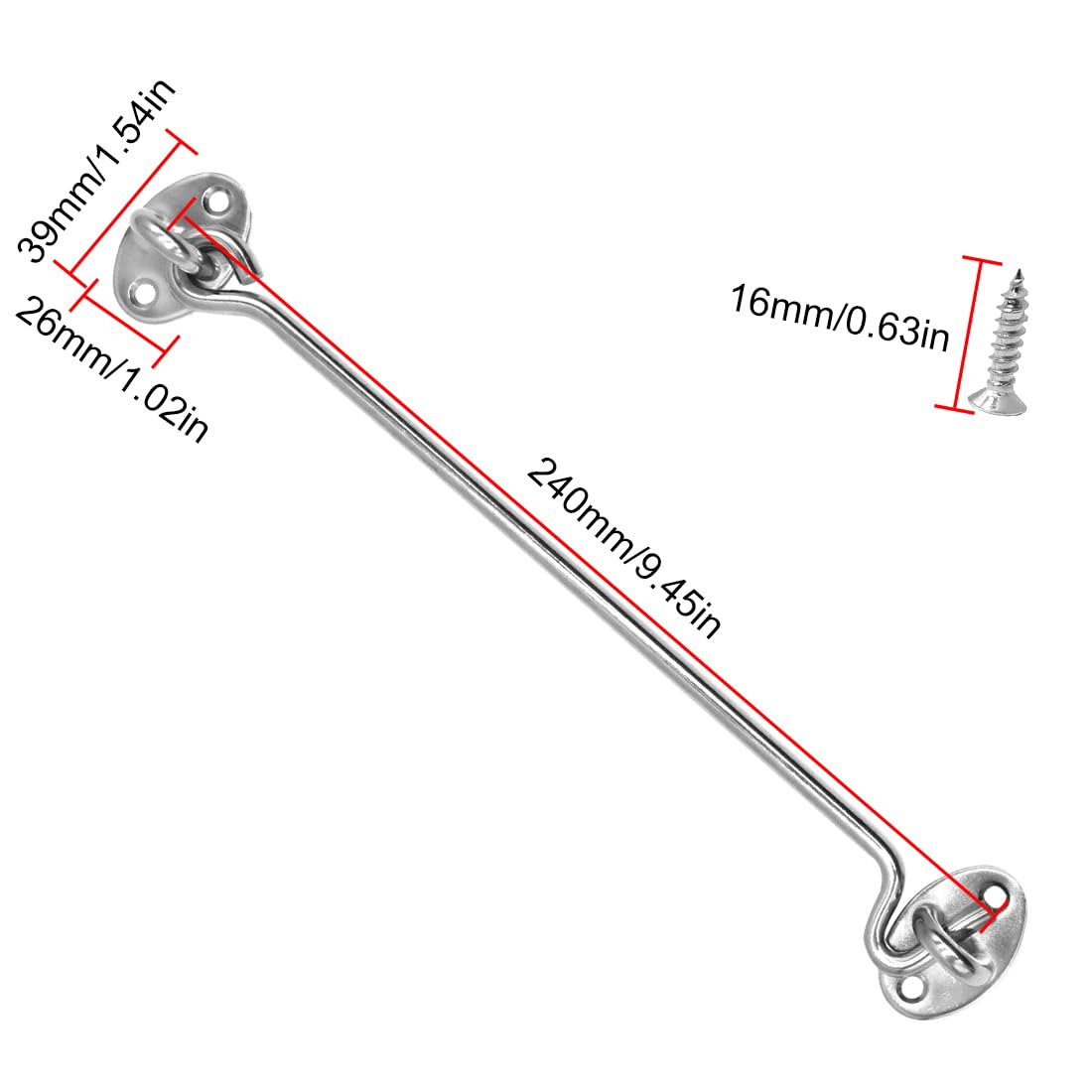LICQIC 2 Pcs Cabin Hook, Gate Latch Hook, Stainless Steel Eye Latch for Garage Shed Door, Window, Silver, 250 mm / 10 in - Image 2