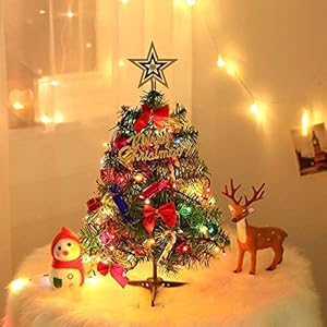 24″/60cm Tabletop Xmas Tree, Artificial Mini Christmas Pine Tree with LED String Lights & Ornaments