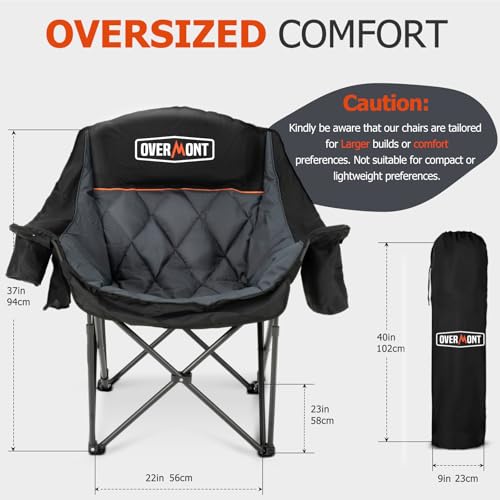 Overmont Oversized XL Camping Chair for Adults - 450lbs Support Heavy-Duty Padded Folding Chair with Side Pocket Cup Holder Cooling Bag for Outdoor Sports Garden Beach Fishing Lawn Black - Image 4