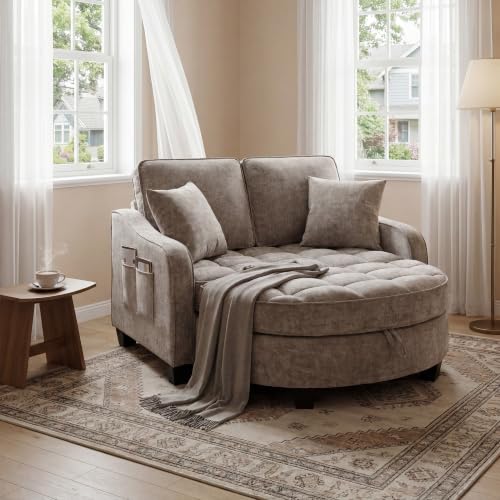Image of ERYE Chenille Tufted Loveseat Sofa and Ottoman Set, Tufted Recliner Sleeper Chaise Lounge with Curved Storage Ottoman,Reclining Backrest and Side Pockets, 4 Pillows