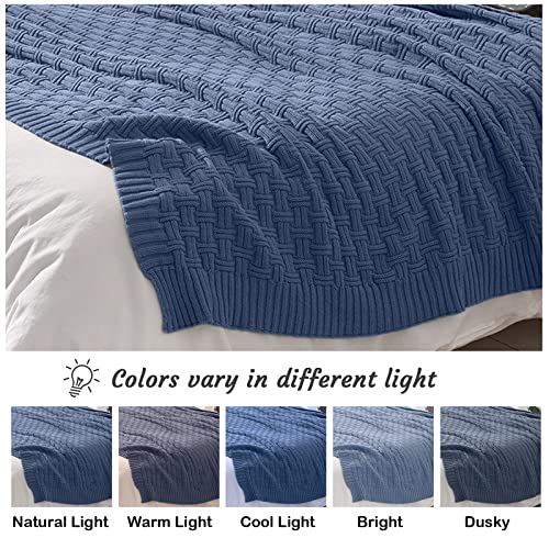 Image of TREELY 100% Cotton Knitted Throw Blanket 60 x 80 Inches, Dusty Blue
