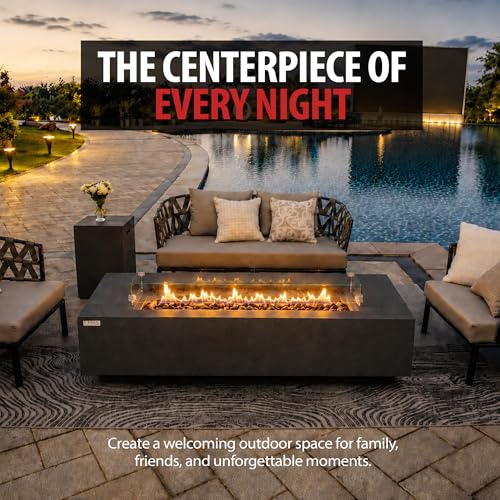 Image of AMS Creations | Savanah 72 inch Rectangular Cast Concrete Natural Gas Fire Pit Table | Dark Gray | Travertine Texture Surface | Electronic Ignition | Outdoor Patio Heater Outside Backyard Fireplace
