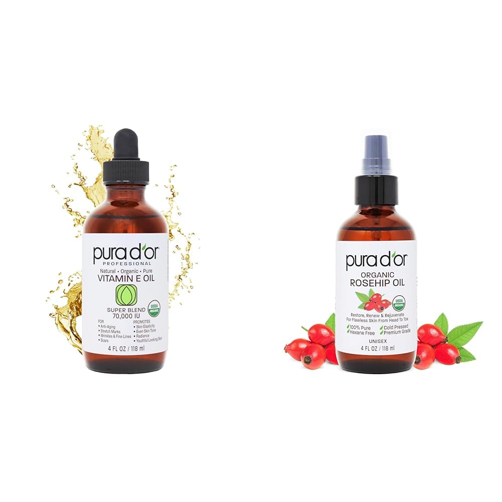 PURA D'OR4 Oz Vitamin E Oil Blend 70,000 IU & Rosehip Seed Oil Hair Relaxer 100% Pure Cold Pressed USDA Certified All Natural Moisturizer For Anti-Aging, Acne Scar Treatment, Gua Sha Massage