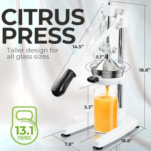 Image of Zulay Kitchen Pulperizer 9 in 1 Cast Iron Juicer - Easy-to-Clean Heavy-Duty Manual Juicer with Presser Attachment to Juice All Types of Fruits! Extra Tall with Stainless Steel Bowl - White