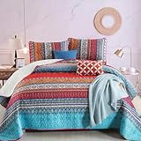 WONGS BEDDING Bohemian Quilt Set King Size, Boho Striped Printed Bedding Bedspread Coverlet Set for All Season, Lightweight Microfiber Quilts with 2 Pillowcases 104