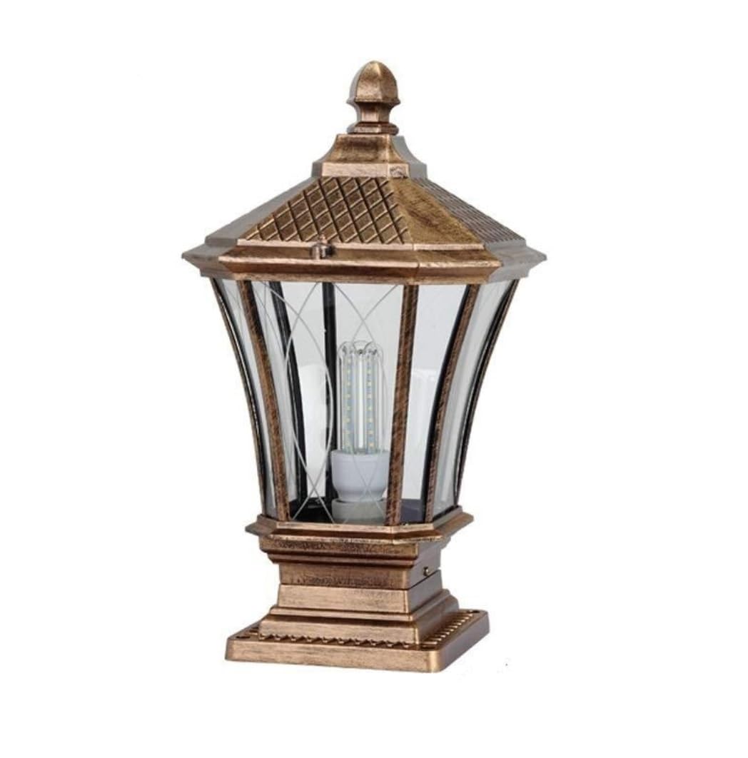 AZHKJKZH Post Cap Lights Aluminum Post Light Glass Lantern Outdoor Pillar European Vintage Column Waterproof E27 Courtyard Outdoor Garden(Brass,18 * 18 * 35cm)
