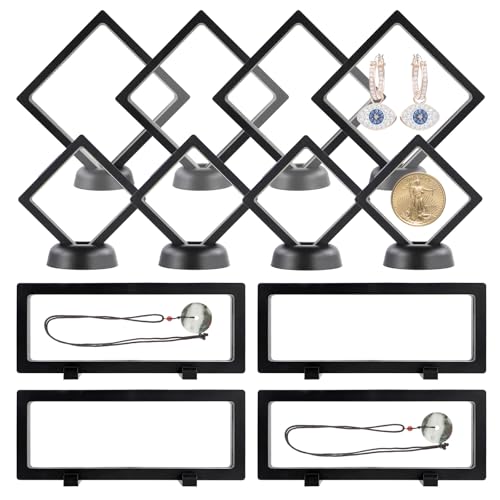 JINGIHE 12 peças de estojo de exibição com moldura flutuante, suporte de moedas desafiador com base, caixa de armazenamento de joias transparente 3D para anel, brinco, colar, pulseira, colecionáveis
