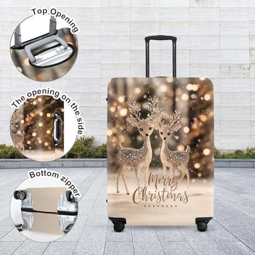 Image of Deer Christmas Luggage Cover - Two Reindeer in Snow with Glowing Tree, Warm Winter Scene Suitcase Protector for 18 20 22 Inch Bag