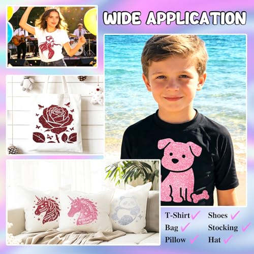 Image of Glitter Pink Heat Transfer Vinyl Roll 12 x 5 Feet Iron on HTV for T-Shirts, DIY Design Silhouette Cameo &Heat Press Machine(Pink htv)