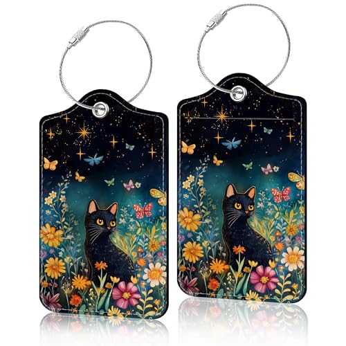 2 Pcs Luggage Tags for Suitcases Black Cat PU Leather Luggage Tag with Privacy Cover Label Address Card and Durable Metal Ring Suitable for Men Women Handbags Backpacks