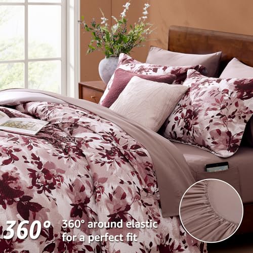 CASAAGUSTO Full Comforter Set, 7 PCS Purple Willow Leaf Floral Comforter Set with Flowers Leaves Pattern, Soft Seersucker Design All Season Full Size Bedding Set(80"X90")
