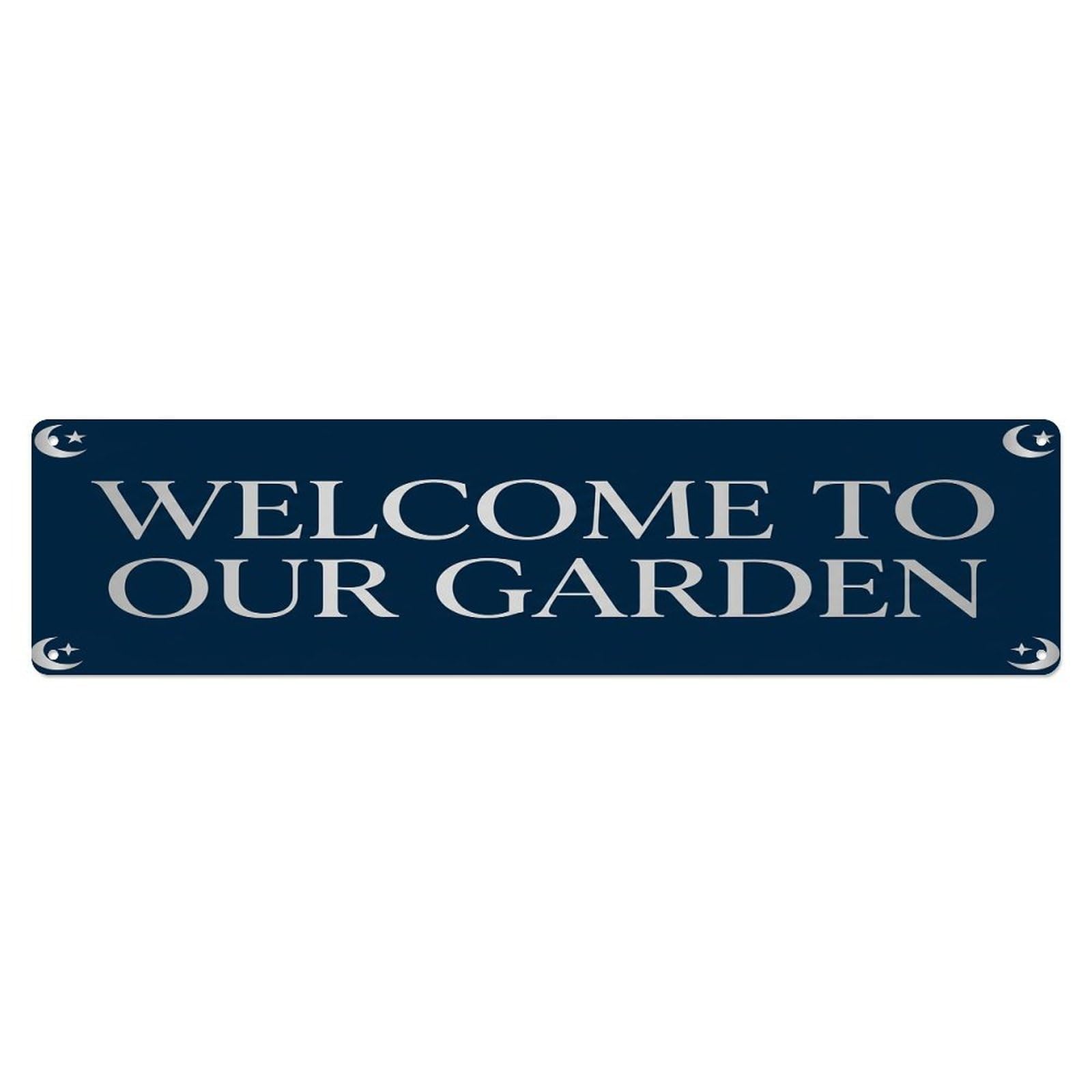 Vintage Welcome to Our Garden Midnight Blue Metal Tin Sign