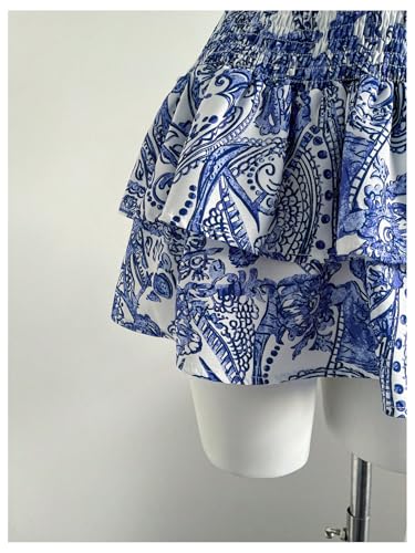 Women's Boho Printed Mini Skirts Ruffle Layered Elastic High Waist Summer A Line Skirt4
