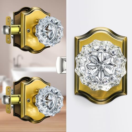 Calzibeno Glass Door Knobs, Privacy Antique Brass Door Knobs, 3 Pack