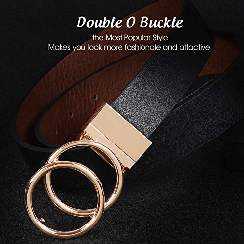 Jasgood Women Leather Belt, Reversible Belt, Leather Waist Belt For Jeans Dress With Gold Double O Ring Rotate Buckle, A-Black/Brown, Fit Size 31"-35" #TOP3