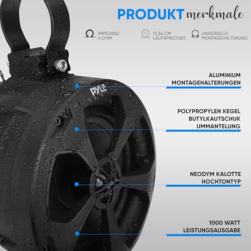 Pyle Lautsprecher Boxen 1000W Wetterfest, 2-Wege Lautsprecher Auto mit Universalhalterung, Passive Stereo Speaker Indoor & Outdoor, Bassbox Kompakt & Hohe Leistung, 2er Set, Koaxial Sprecher Schwarz