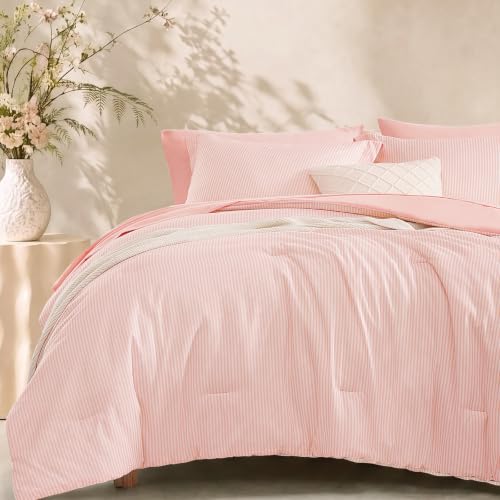 Image of Monbix Full Size Comforter Sets-7 Pieces Soft Bed in a Bag Full Bedding Set | Hot Pink Vertical Ticking Stripe Lightweight All Season Comforter Set with Sheets, Pillowcases & Shams