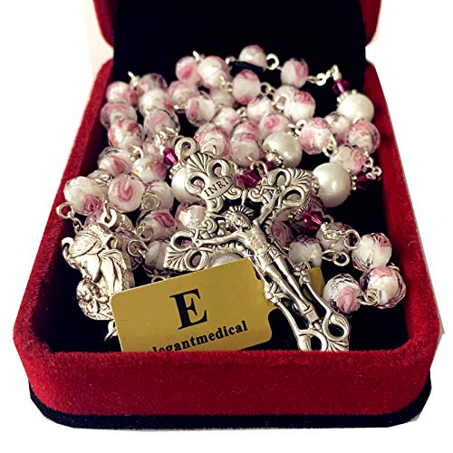 elegantmedical Handmade Veluriyam Rose Beads & Pearl Beads Rosary & Italy Cross Catholic Necklace Gift Box2