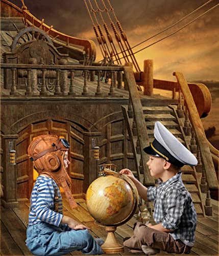 Corfoto N2-TRAVEL-40-57 5X7Ft Pirate Ship Deck Backdrop Vintage Sailboat Photography Background Nautical Wooden Battleship Photoshoot Cruise Boys Kids Birthday Party Halloween Pirate Decorations Photo Booth Props thumb #2