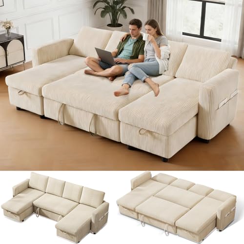Image of WEUP 106 inch U Shaped Sectional Sleeper Sofa Bed with Pull Out Bed, Sectional Sleeper Couch Pull Out Couch with Reclining Backrest /Reversible Storage Chaise /USB Ports /Tool-Free Assembly, Corduroy Beige