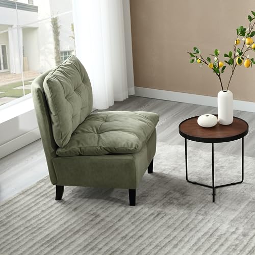 Guyou Green Armless Chair for Small Space Bedroom, Modern Accent Chair for Living Room Tufted Comfy Lounge Chair with Removable Cushion and Wood Legs Slipper Chair (Green Leathaire), 1PCS - Thumbnail 7