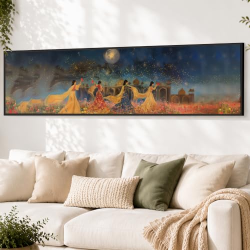 Image of PAINTINGMANTRA Moonlight Night Mughal Wall Painting, Indian Traditional Wall Art Paintingfor Living Room, Home and Office Wall Decoration (13x47 Inch)
