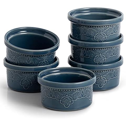 FE Auflauf- & Souffléförmchen 6er Set, 240 ml Soufflée-Form, Keramik Spitze Prägung Creme Brulee Schälchen zum Backen und Dippen Cover