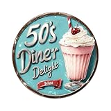 KIYOYO 50's Diner Delight Metal Sign Round Retro Ice Cream Plaque for Kitchen Bar Club Coffee shop Restaurant Wall Decor 8 Inch