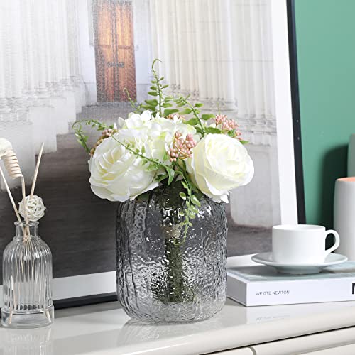Mygift Artificial Roses Fake Flower Arrangement Wedding Flowers For Table Centerpiece With Gray Tinted Textured Embossed Glass Vase #TOP3