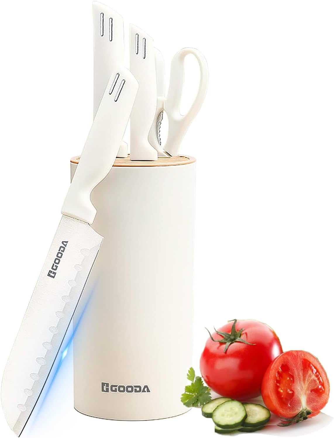 Knife Set for Kitchen, White 5-Pieces Cooking Knife Set with Storage Knife Holder, Sharp Stainless Steel Knife Block Set for Cutting Slicing Dicing Chopping (White)