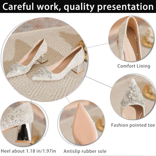 Women's Sequined Closed Pointed Toe Chunky Heel Pumps Comfortable Mid Block Heel Slip-On Dress Shoes for Party Date Prom Wedding2