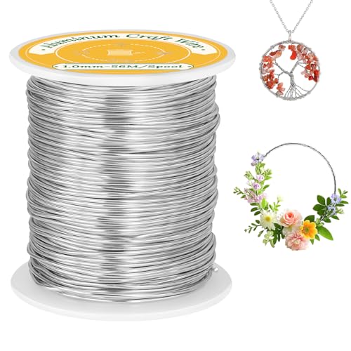 VynyQoo 1mm Basteldraht, 56M Biegbar Flexibel Silber Aluminiumdraht, Schmuckdraht, Silberdraht zum Basteln Für DIY Blumenarrangements, Skulpturen, Bastelmaterialien, Schmuckherstellung, Weben (Silber)