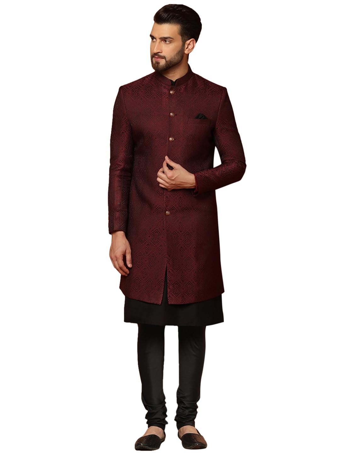 Mens Kurta Sherwani Churidar Set Silk Blend Jacquard, Indo-Western Ethnic Wear for Men