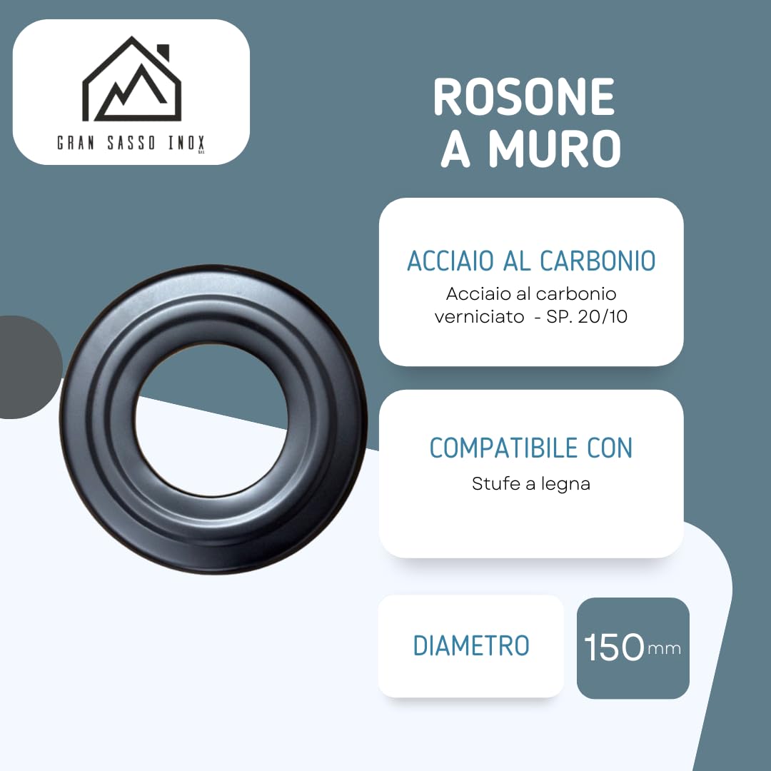 Rosone a Muro per Fumisteria Verniciato – in Acciaio al Carbonio SP. 20/10 – per Stufe a Legna – Copertura Foro di Passaggio Tubi – Diametro 150mm
