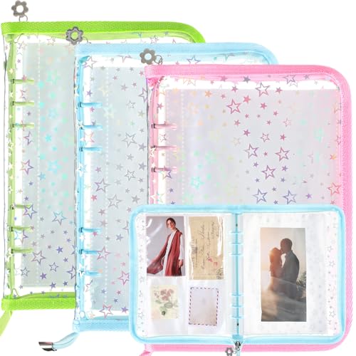 Image of Feifeiya 3 Pack 3 in 1 Sticker Storage Organizer Binder A5 Reusable Sticker Collecting Book Album Holder with Zipper Cards Keeper with 140 Pockets (Pink Blue Green)