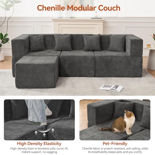 Image of MONVANE 103'' Modular Sectional Sofa, Comfy Chenille Cloud Couch with Ottoman, Modern Convertible L Shaped Couch with Deep Seat, Sectional Couches for Living Room, Bedroom and Apartment, Grey