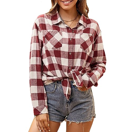 WARHORSEE Plaid Flannel Shirts for Women Long Sleeve, Loose Fit Womens Casual Flannels Button Down Shirts Blouses Tops