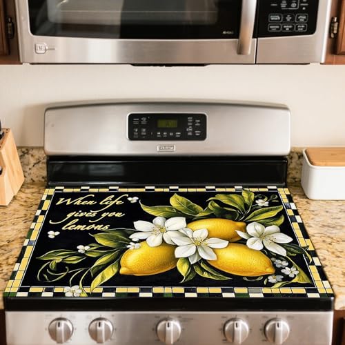 Image of Nuxovilar Stove Top Cover Glass Stove Top Cover Protector Lemon Floral Pattern Polyester Diatomaceous Earth Mixture 28.65x20.47inch Decorative Kitchen Mat Countertop, Dining Table, Coffee Bar