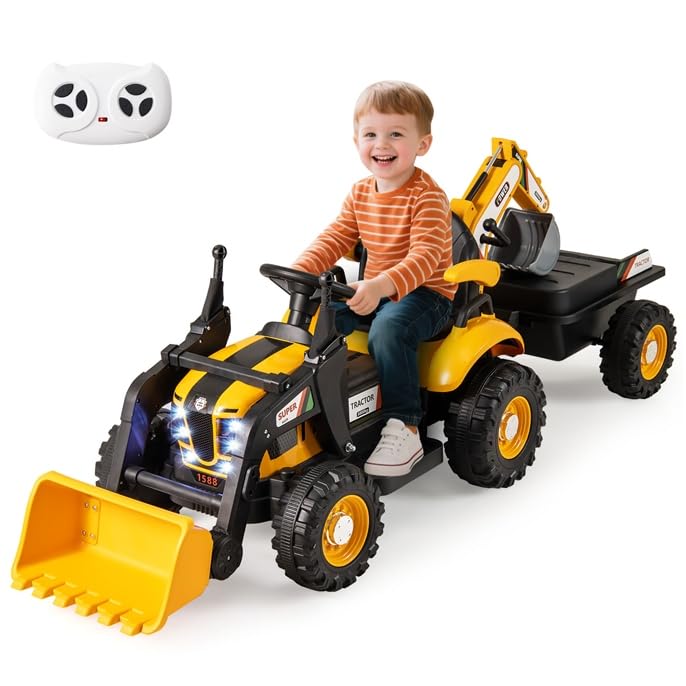 GOPLUS Elektryczny traktor z przyczepą i szuflą, dla dzieci od 3 lat, żółty