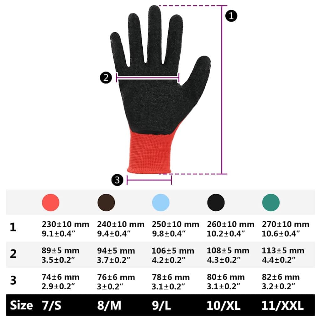 Lot de 12 gants de travail, rouges, noirs, taille 7, revêtement en latex, antidérapants, respirants, flexibles pour jardin, construction, atelier, montage, artisanat, mécanicien avec prise en