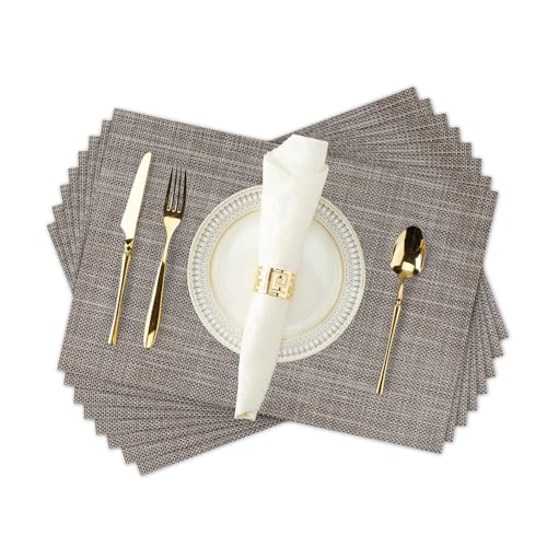 Placemats Set of 6 - Heat Resistant Non-Slip Place mats for Dining Table, Washable Durable PVC Vinyl Woven Table Mats (6, Golden Brown‌)