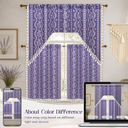 Image of Yinhua Boho Swag Valance Curtains Vintage Linen Valances for Windows Light Filtering Floral Kitchen Valance Rod Pocket Rustic Tassel Window Valances for Bathroom Cafe, 60 inch W x 36 inch L, Purple