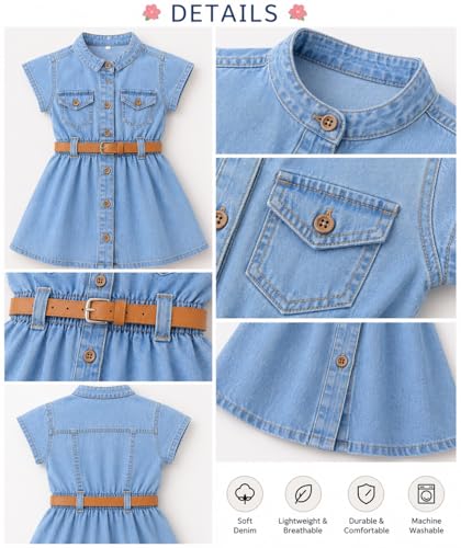 Image of Bold N Elegant Girl's Short Sleeve Front Open Stylish Cute Cotton Denim Dress Frock Tunic with PU Leather Belt and Pockets for Infant Toddler Baby Girls