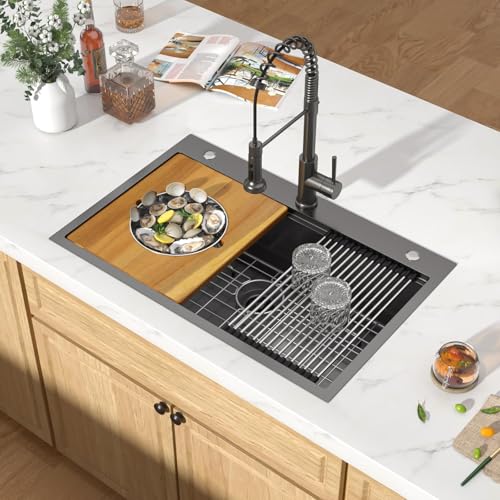 Talllor 36x22 Inch Drop In Kitchen Sink Workstation Gunmetal Black 16 Gauge T-304 Stainless Steel Single Bowl Large Kitchen Sink with Cutting Board Bottom Grid & Roll up Rack #TLT-0056