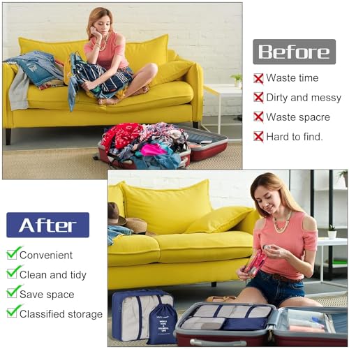 Image of Travel Packing Cubes 7 Pcs Compression Luggage Organiser (Navy Blue)