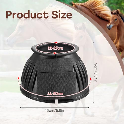 Image of JIEYAO 1 Pair Black Horse Bell Boots Protect, Double Lock Horse Care Boots, Rubber Horse Boot No-Rub Bell Boots for Horses Quick Wrap Hook & Loop for Shield Turnout Against Hoof Impact Trauma