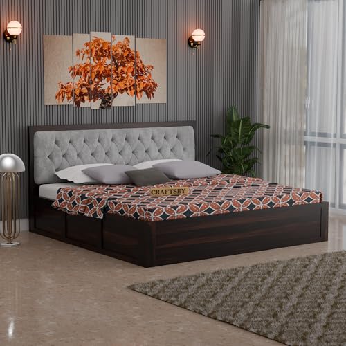Image of Solid Sheesham Wood King Size Bed with Box Storage | Grey Upholstered Cushion Headboard | Wooden Double Bed for Bedroom | Palang /Cot /Mancham, Walnut Finish