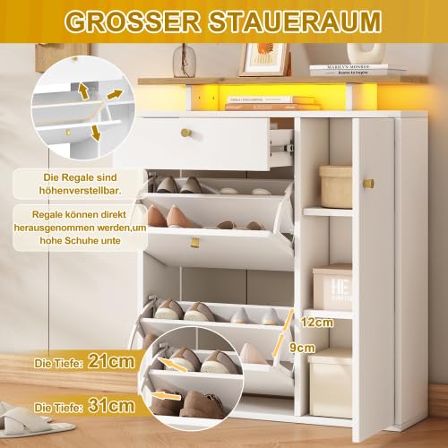 Set di 3 appendiabiti, con illuminazione a LED, specchi, cappelli e scarpiera, con 4 ganci, naturale/bianco, 105 x 25 x 151,5 cm, per corridoio, ingresso